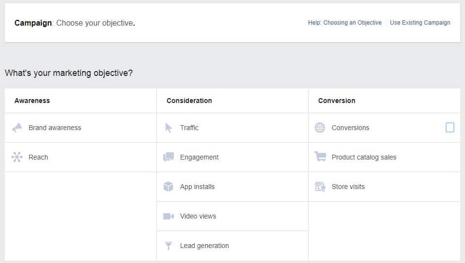 Facebook Ads Manager Campaign Options